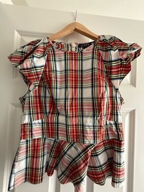 J.Crew Red Navy Cream Plaid Ruffle-Sleeve Blouse